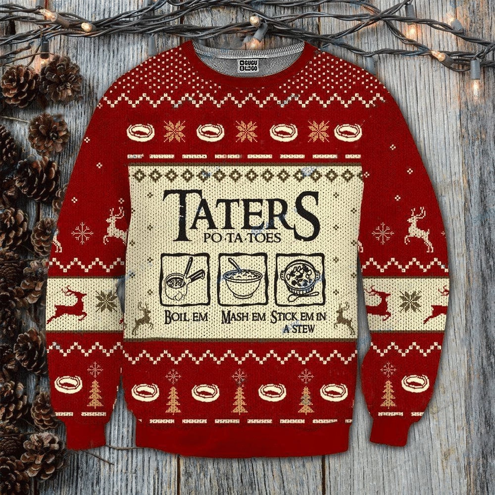 Taters Potatoes LOTR Red Knitted Sweater Ugly Christmas Shirt Taters Potatoes LOTR Red Knitted Sweater Ugly Christmas Shirt